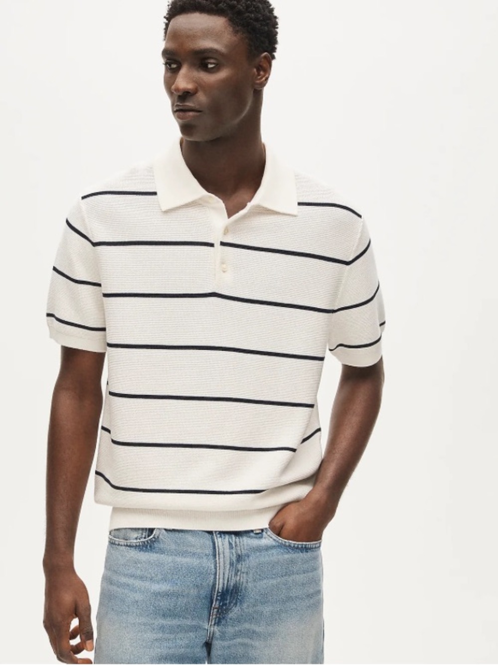 J crew sea salt indigo Short-sleeve Pima cotton sweater-polo in stripe